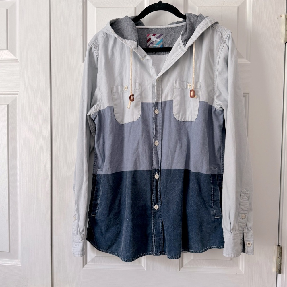 Modern Amusement Hoodie Blue Canvas Mens Button Up Striped Size L